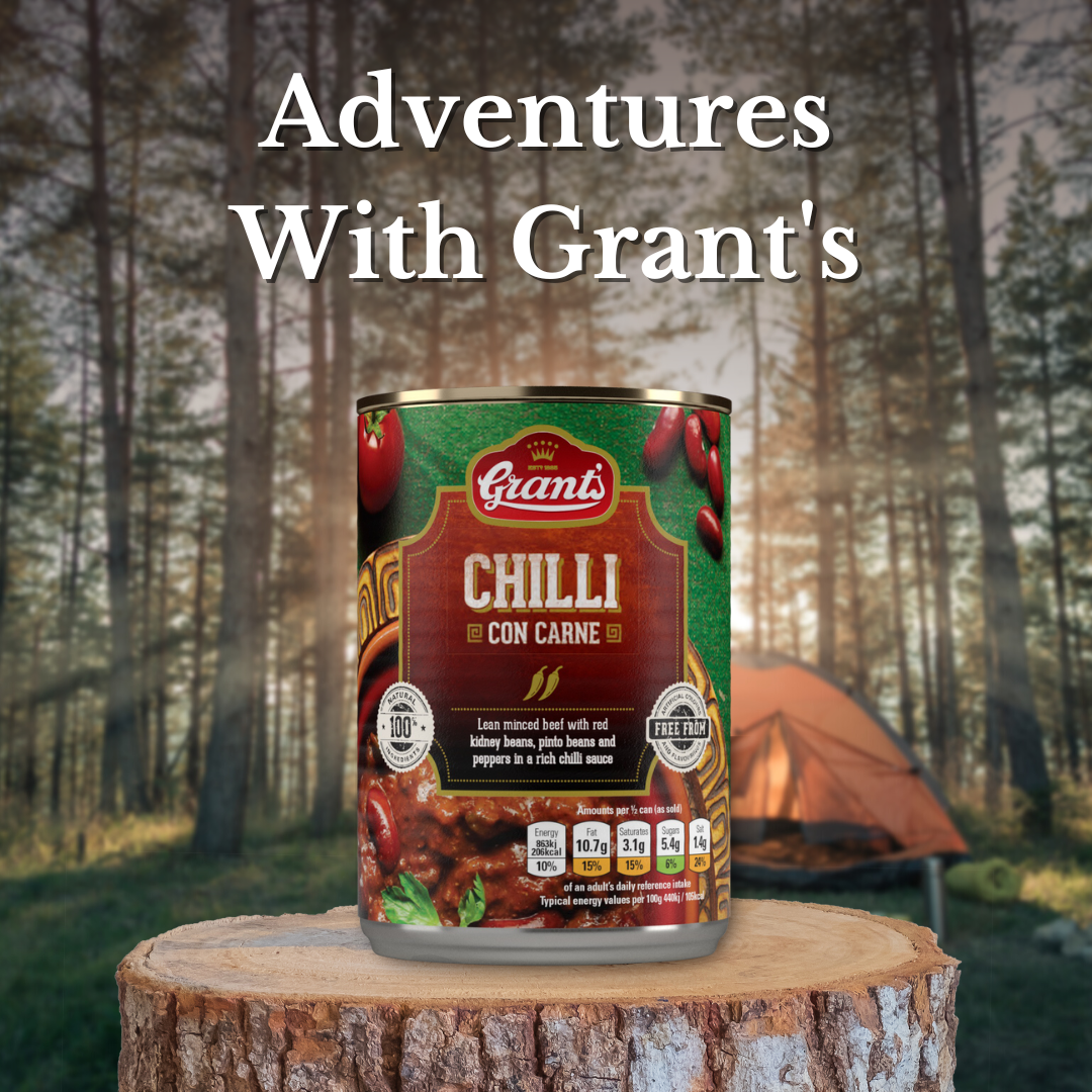 Grants Foods Canned Meals, Ideal for Outdoor Adventures. Can of Chilli sitting on a log with a forest in the background